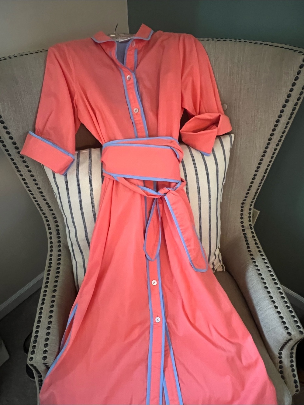 Gretchen Scott Designs Coral Button-Front Robe with Blue Trim